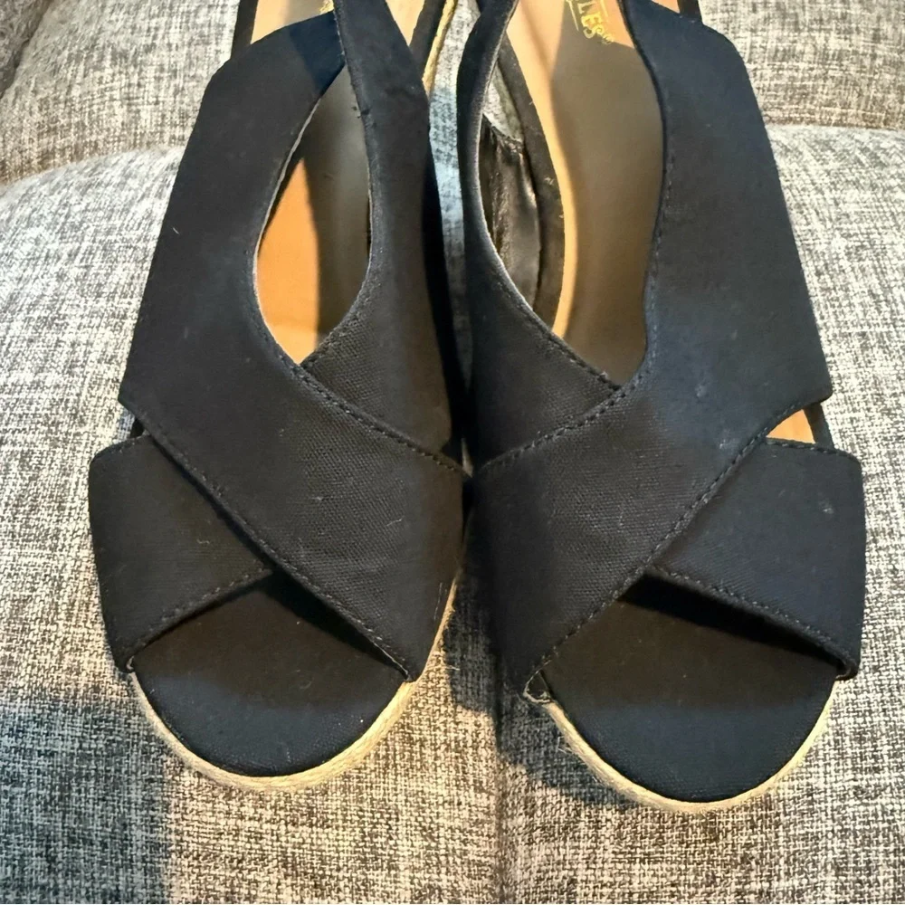 Seychelles Diamond Black Canvas Cork Wedge Slingback Sandals Women's Size 8.5